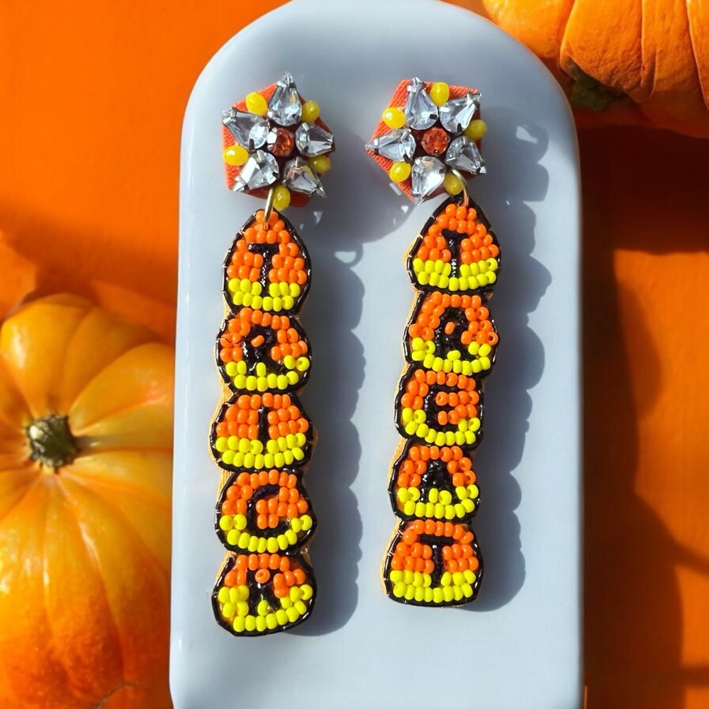 Boutique Seed Bead & Jeweled Candy Corn Trick & Treat Dangle Earrings Halloween